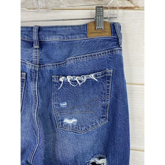American Eagle Womens Mom Jeans 6 Dark Wash Destroyed Denim High Rise Tapered - Picture 9 of 11